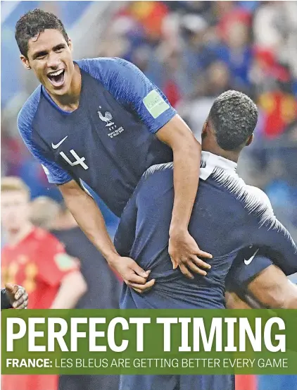  ?? Picture: AFP ?? OVER THE MOON. French defender Raphael Varane celebrates with non-playing team-mate Presnel Kimpembe after beating Belgium 1-0 in the World Cup semifinals in Saint Petersburg on Tuesday.