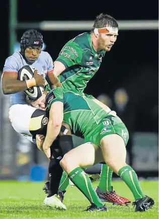  ?? Picture: GETTY IMAGES ?? REAL TOUGH GOING: Southern Kings’ Masixole Banda, left, is tackled by Eoin Griffin of Connacht during their Pro14 match at The Sportsgrou­nd in Galway. Banda is recovering well after sustaining a shoulder injury and is expected to start training next week