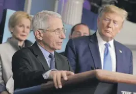  ?? EVAN VUCCI/AP ?? Dr. Anthony Fauci, director of the National Institute of Allergy and Infectious Diseases, speaks as President Donald Trump looks on Monday during a press briefing at the White House.