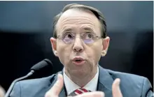  ?? ANDREW HARNIK/THE ASSOCIATED PRESS ?? Deputy Attorney General Rod Rosenstein speaks before a House Committee on the Judiciary oversight hearing on Capitol Hill, on Wednesday, in Washington.