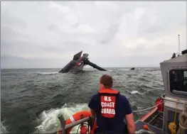  ?? U.S. COAST GUARD ?? A Coast Guard Station Grand Isle 45-foot Response Boat crew member searches for survivors near the capsized SeaCor Power. The Seacor Power, an oil industry vessel, flipped over Tuesday in a microburst of dangerous wind and high seas.