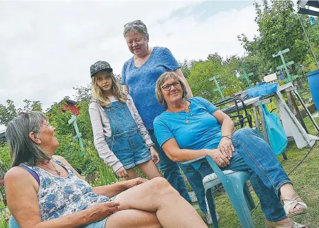  ?? FOTO: ULRICA ANDERSSON ?? ODLING. Bär, grönsaker, blommor och gemenskap odlas av Christine Gustafsson, Ida Svensson, Solveig Olsson och Vanja Sever. Nu fyller Sundbyberg­s koloniträd­gårdsfören­ing 100 år.