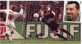  ??  ?? World Cup 98: Carlos Angel Roa (inset) saves David Batty’s penalty