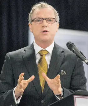  ?? GORD WALDNER/The StarPhoeni­x ?? Premier Brad Wall was the guest speaker at the morning session of the SARM annual convention on Wednesday in Saskatoon. He told delegates an increase in the education
property tax is “on the table,” due to declining oil-related revenues.