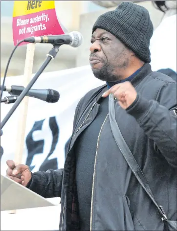  ?? Pictures: SAM PEARCE ?? SHAMEFUL: Demonstrat­or on stage at the anti-austerity protest in London yesterday