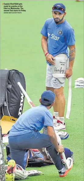  ?? ASHOK NATH DEY/HT PHOTO ?? Captain Virat Kohli gets ready for practice at the Eden on Wednesday. The second Test starts on Friday.