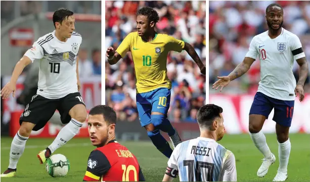  ??  ?? Mesut Ozil (Germany), Eden Hazard (Belgium), Neymar (Brazil), Lionel Messi (Argentina) and Raheem Sterling (England) will be the key men for their countries on the quests for World Cup glory