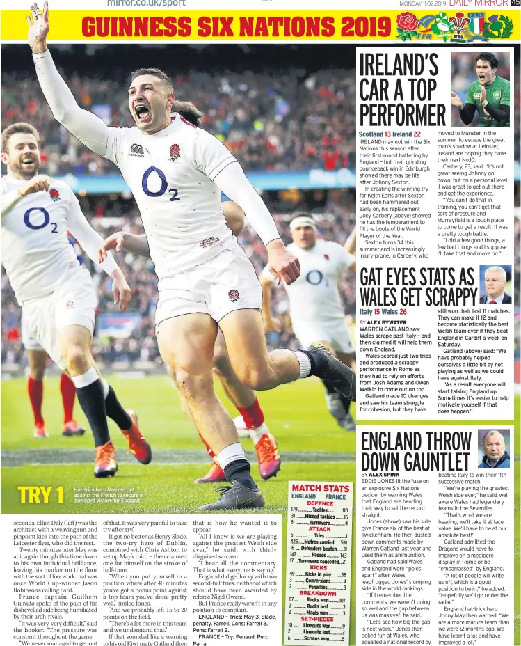  ??  ?? Hat-trick hero May ran riot against the French to secure a dominant victory for England TRY 1
