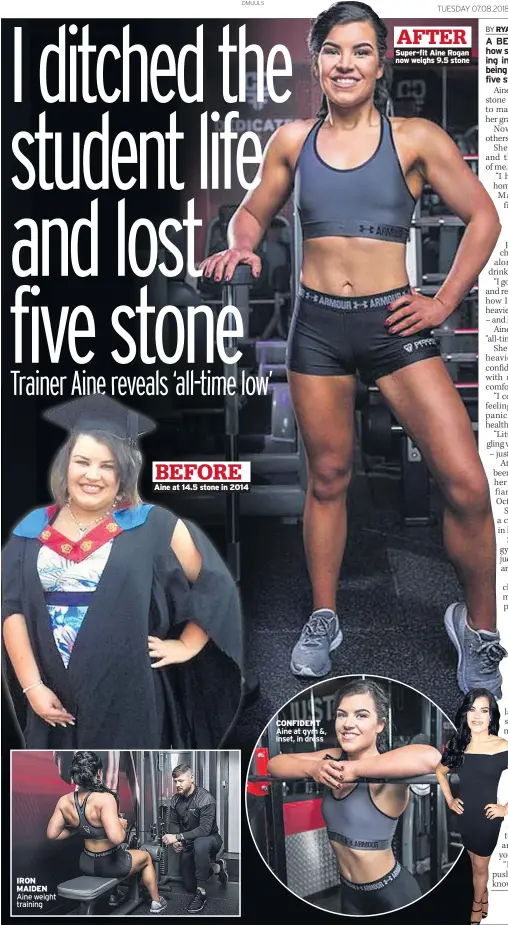  ??  ?? IRON MAIDEN Aine weight training Aine at 14.5 stone in 2014 CONFIDENT Aine at gym &, inset, in dress Super-fit Aine Rogan now weighs 9.5 stone