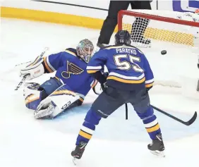  ?? BILLY HURST/USA TODAY ?? Blues goaltender Jordan Binnington and defenseman Colton Parayko watch Sharks defenseman Erik Karlsson’s OT shot go in the net.