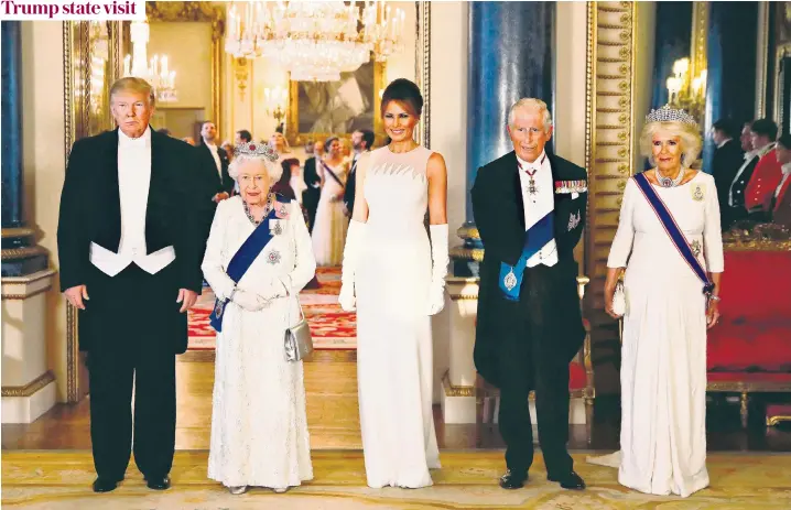  ??  ?? Donald and Melania Trump at the state banquet hosted by the Queen at Buckingham Palace last night. The Prince of Wales and the Duchess of Cornwall were among the guests who heard both the Queen and Mr Trump speak of enduring ties forged in the Second World War