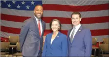  ?? RACHEL RAVINA — MEDIANEWS GROUP ?? The Montgomery County Commission­ers gather for a photo following a swearing in ceremony Monday morning at Ursinus College. Pictured, from left, are Kenneth Lawrence, Valerie Arkoosh and Joseph Gale.