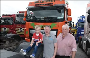  ??  ?? Three generation­s: Don Og, Shane and Donny Kelleher caught up with the atmosphere at the Millstreet Vintage Club Charity Truck Run. Photos: John Tarrant