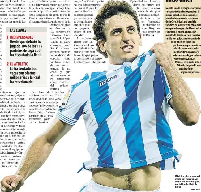  ?? FOTO: UNCITI ?? Mikel Oyarzabal se agarra el escudo tras marcar en San Mamés uno de los dos goles que le hizo al Athletic de Bilbao