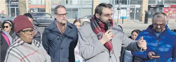  ?? THOMAS MACDONALD, THE CANADIAN PRESS ?? Deborah Adegboye, left, Quebec Soldaire MNA Guillaume Cliche-Rivard and NDP MP Alexandre Boulerice outside federal Immigratio­n Minister Marc Miller’s Montreal office on Friday, where community groups demanded a stop to the deportatio­n of Adegboye’s family next month.