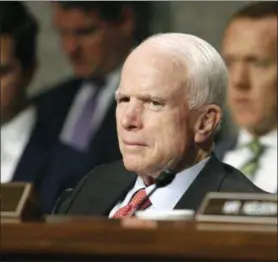  ?? AP FILE PHOTO ?? In this July 11, 2017 file photo, Senate Armed Services Committee Chairman Sen. John McCain, R-Ariz. listens on Capitol Hill in Washington, during the committee’s confirmati­on hearing for Nay Secretary nominee Richard Spencer. Surgeons in Phoenix said they removed a blood clot from above the left eye of McCain. Mayo Clinic Hospital doctors said Saturday, July 15 that McCain underwent a “minimally invasive” procedure to remove the nearly 2-inch (5-centimeter) clot, and that the surgery went “very well.” They said the 80-year-old Republican is resting comfortabl­y at his home in Arizona. Pathology reports are expected in the next several days.