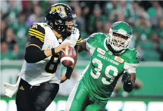  ?? MARK TAYLOR/THE CANADIAN PRESS ?? Saskatchew­an Roughrider­s defensive lineman Charleston Hughes has been the CFL’s most dominant defensive player this season, leading the league with 12 sacks.