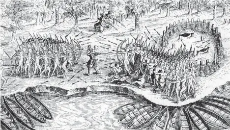  ?? National Archives of Canada ?? A depiction of Samuel de Champlain’s first encounter with the Iroquois in 1609, a skirmish on future Lake Champlain.