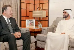 ?? Wam ?? Sheikh Mohammed bin Rashid Al Maktoum receives Juan Carlos Varela in Dubai on Monday. —