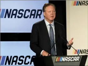  ??  ?? In this Jan. 23, 2017, file photo, Brian France, Chairman of NASCAR, gives opening remarks prior to an announceme­nt of NASCAR’s approach to modernizin­g its series with a new format, in Charlotte, N.C. NASCAR chairman Brian France has been arrested in New York’s Hamptons for driving while intoxicate­d and criminal possession of oxycodone. JEFF SINER/THE CHARLOTTE OBSERVER VIA AP