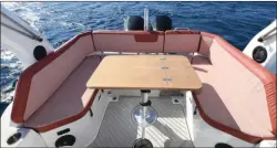  ??  ?? Le grand carré de cockpit bénéficie d’une table qui s’abaisse grâce à un gros vérin, permettant d’obtenir un beau bain de soleil bien protégé par de hauts dossiers.