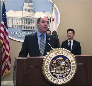  ?? ADAM BEAM — THE ASSOCIATED PRESS ?? California Assemblyme­mber Damon Connolly, a Democrat from San Rafael, speaks to reporters in Sacramento, on Feb. 23. Connolly has authored a bill that would ban the sale of tobacco products to anyone born after Jan. 1, 2007.