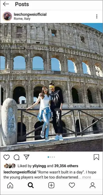  ??  ?? Roman holiday: Lee Chong Wei’s Instagram post showing him and wife Wong Mew Choo posing in front of the Colosseum in Rome, Italy.