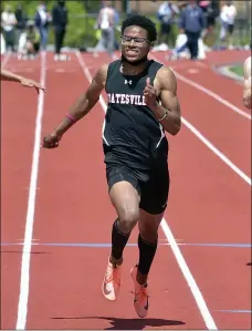  ?? PETE BANNAN — MEDIANEWS GROUP ?? Coatesvill­e’s Lebron Bessick takes victory for the Red Raiders in the 100 meter dash in a time of 11.24 at Wednesday’s Ches-Mont League Championsh­ips.