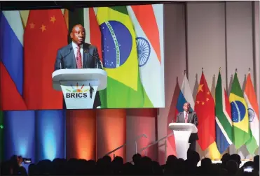  ?? Picture: Itumeleng English/African News Agency (ANA) ?? FORGING AHEAD: President Cyril Ramaphosa addresses the 10th BRICS Summit at the Sandton Convention Centre.