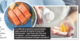  ??  ?? It’s difficult to get the recommende­d daily amount of vitamin D from the food we eat – even from oily fish such as salmon – so it is advised we take a supplement between October and March