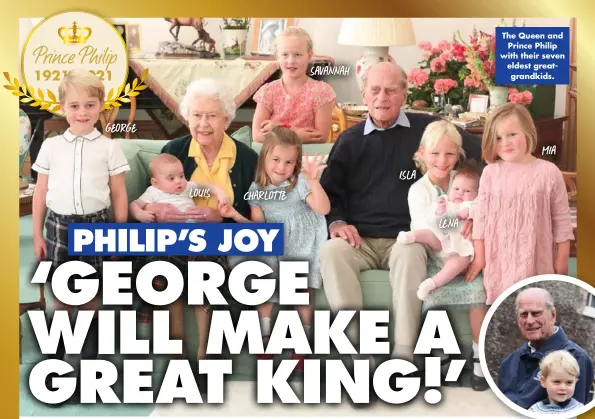  ??  ?? The Queen and Prince Philip with their seven eldest greatgrand­kids.