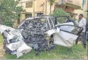  ?? PTI ?? The wreckage of the Audi Q3 car which crashed at Koramangal­a in Bengaluru on Tuesday.