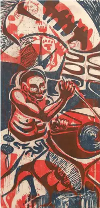  ??  ?? BOTTOM
The Shaman Beckons 1971
Woodblock
71 × 39.7 cm
COURTESY ANCHORAGE MUSEUM