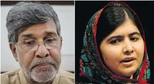  ?? THE ASSOCIATED PRESS FILES ?? Indian children’s rights activist Kailash Satyarthi, left, and Malala Yousafzai, right, jointly won the Nobel Peace Prize on Friday for risking their lives to fi ght for children’s rights.