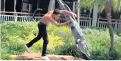  ?? MIAMI-DADE POLICE/COURTESY ?? A viral video showed an 18-year-old jump a wooden barrier at The Falls open-air shopping mall, wrestling a fake alligator.