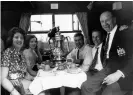  ??  ?? Maurice Setters (second right) with Sir Matt Busby on the train back to Manchester after winning the 1963 FA Cup. Photograph: Keystone/Getty Images