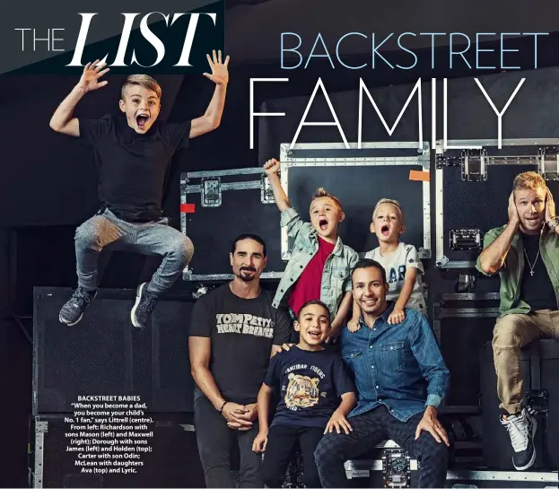  ??  ?? BACKSTREET BABIES “When you become a dad, you become your child’s No. 1 fan,” says Littrell (centre). From left: Richardson with sons Mason (left) and Maxwell (right); Dorough with sons James (left) and Holden (top); Carter with son Odin; Mclean with daughters Ava (top) and Lyric.