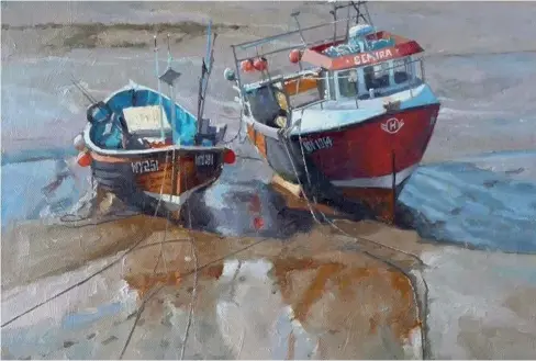  ?? ?? ▼ Robert Brindley Boats at Low Tide, Staithes, gouache on canvas-covered board, 83113/4in (20330cm).
This was a demonstrat­ion painting for a course I was running in Staithes, North Yorkshire. To create texture and introduce a few brushmarks to the finished painting, I prepared the board with one coat of texture paste, using random marks with a 10mm flat, stiff brush. When dry, a warm acrylic ground was applied using yellow ochre and burnt sienna
