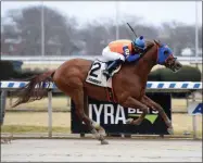  ?? SUSIE RAISHER/NYRA ?? Not That Brady with Reylu Gutirerrez up captures the Damon Runyon on Dec. 31, 2018 at Aqueduct.