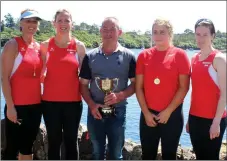  ??  ?? Sneem Senior ladies Gold Medalists Geraldine Breen, Caroline O’Sullivan, Mike Shea (Cox), Leah Turner and Mary O’Shea.