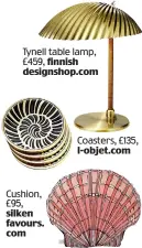  ??  ?? Tynell table lamp, £459, finnish designshop.com Cushion, £95, silken favours. com Coasters, £135, l-objet.com