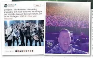  ??  ?? Adam on stage, above and left – and, far left, on Nickelback’s Twitter account