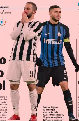  ?? CANONIERO-IPP ?? Gonzalo Higuain, 30 anni oggi, attaccante della Juve, e Mauro Icardi, 24, punta e capitano dell’Inter