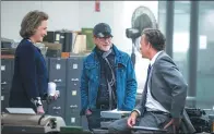  ?? NIKO TAVERNISE / AP ?? Meryl Streep (from left), director Steven Spielberg and actor Tom Hanks on the set of The Post. It has been named the year’s best film by the National Board of Review.