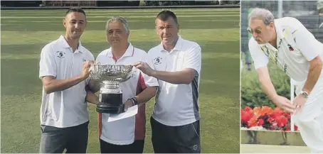  ??  ?? Left, Darlington Open Triples winners Jason Britton, Ian Fairweathe­r, Frankie Froud. Right, Dairy Lane’s Ken Briscoe in the Champion of Champions.