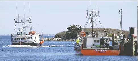  ?? FILE ?? A lobster boat arrives at the port of Shag Harbour, while the day’s catch is off-loaded from another.