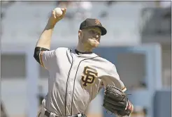  ?? MICHAEL OWEN BAKER – THE ASSOCIATED PRESS ?? Giants starting pitcher Chris Stratton allowed three runs in four innings in Sunday’s 3-1 loss to the Dodgers in Los Angeles.