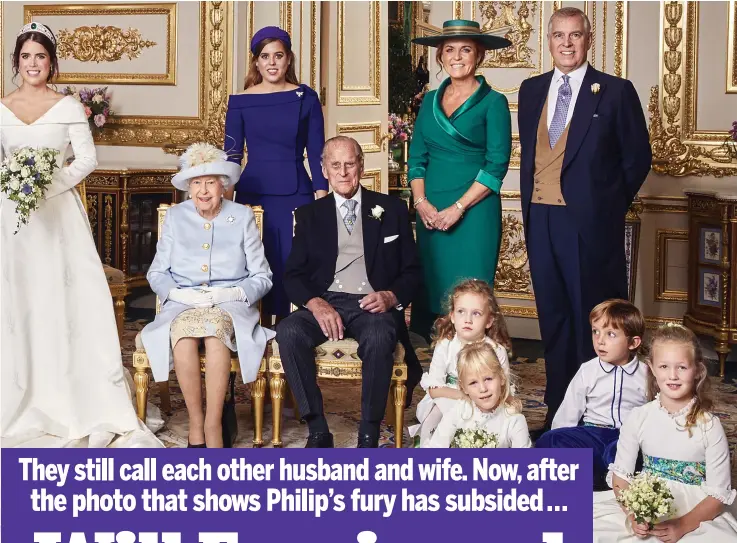  ?? Picture: ALEX BRAMALL ?? Back in the fold: Fergie flanked by Prince Philip and Andrew in the official picture taken to mark Princess Eugenie’s wedding