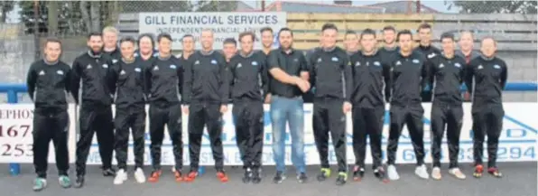  ??  ?? Merpro AFC received a new set of tracksuits courtesy of sponsor Graeme and Emma Sutton from Sutton Roof Maintenanc­e Limited. The presentati­on took place at Links Park with Graeme and Merpro’s John Murdoch shaking hands on the deal.