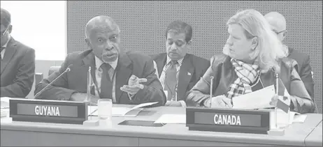  ??  ?? Guyana Foreign Secretary Carl Greenidge (left) speaking at the meeting. At right is Canada’s High Commission­er to the United Kingdom Janice Charette. (Commonweal­th Secretaria­t photo)